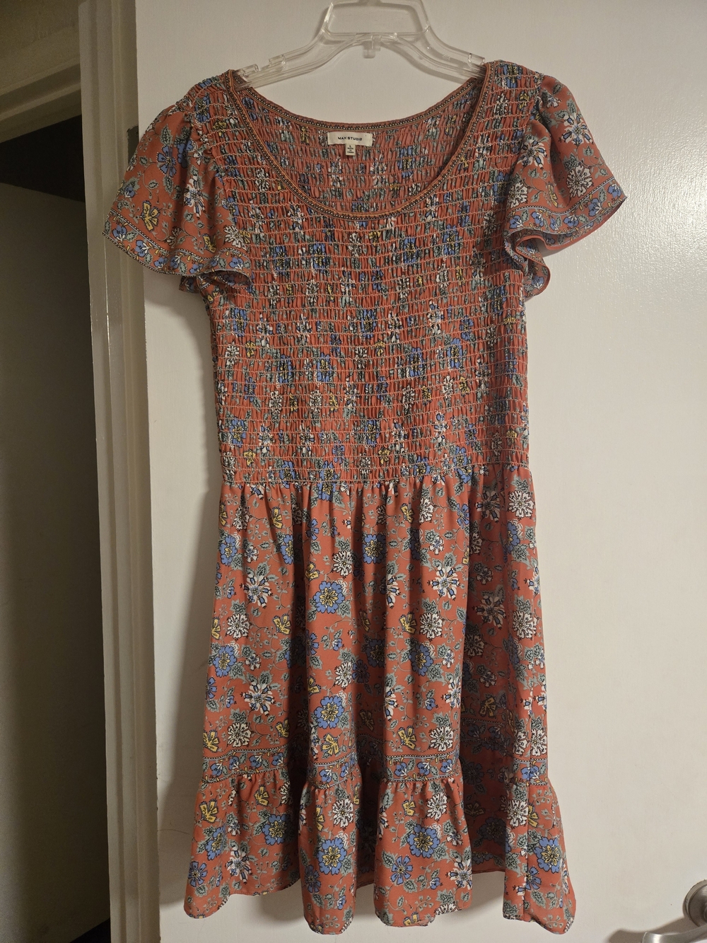 Max Studio Coral Floral Smocked Mini Dress